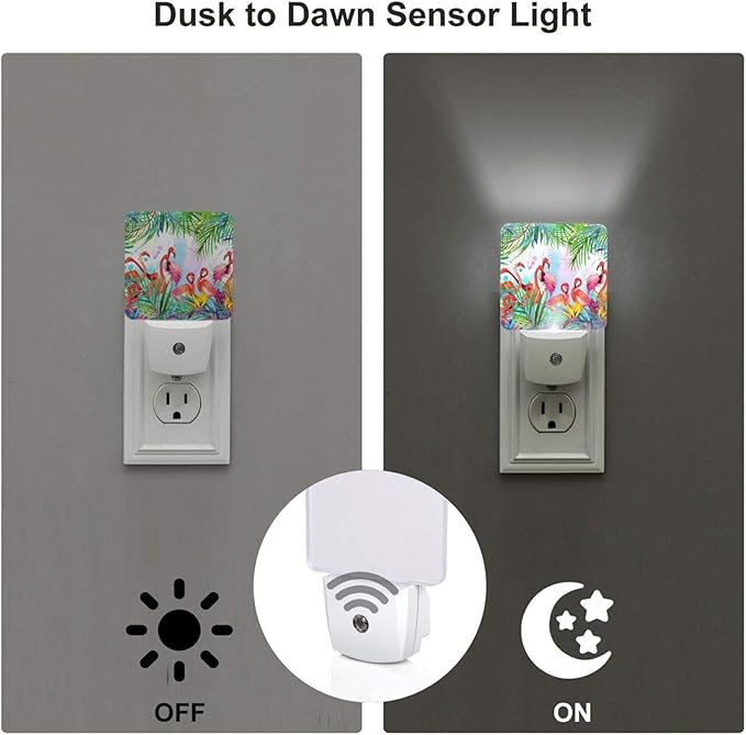 Cute Colourful Flamingo Leaves Night Light Plug into Wall Decorative Plug in LED Nightlight Auto Sensor Dusk to Dawn Decor Lamp for Kids Girls Bedroom Bathroom Kitchen Hallway Stairs Home