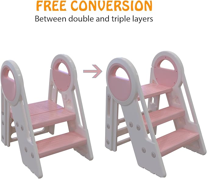 3 Step stools for Kids, Toddler Tower, Toddler Step Stool for Bathroom Sink, Kitchen Counter Helper, Toilet Potty Training, with Safety Handles and Non-Slip Desgin (Pink-White)