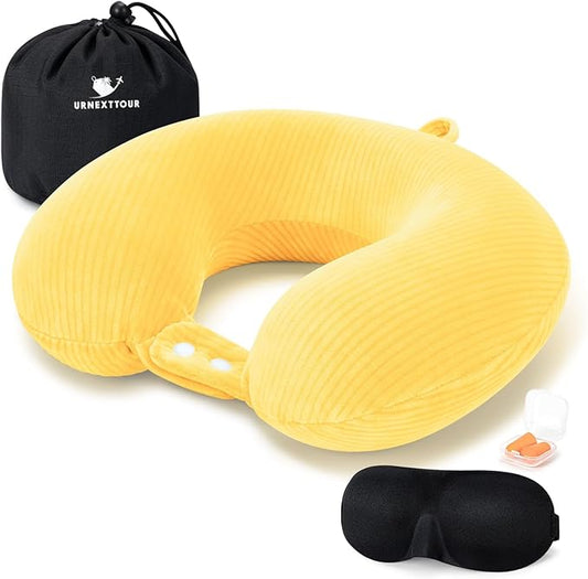 Travel Pillow, Neck Pillow Airplane Memory Foam with Sleep Mask Earplugs, Soft & Support Fleece Airplane Pillow for Travelling Plane Car Train Home Use, Yellow