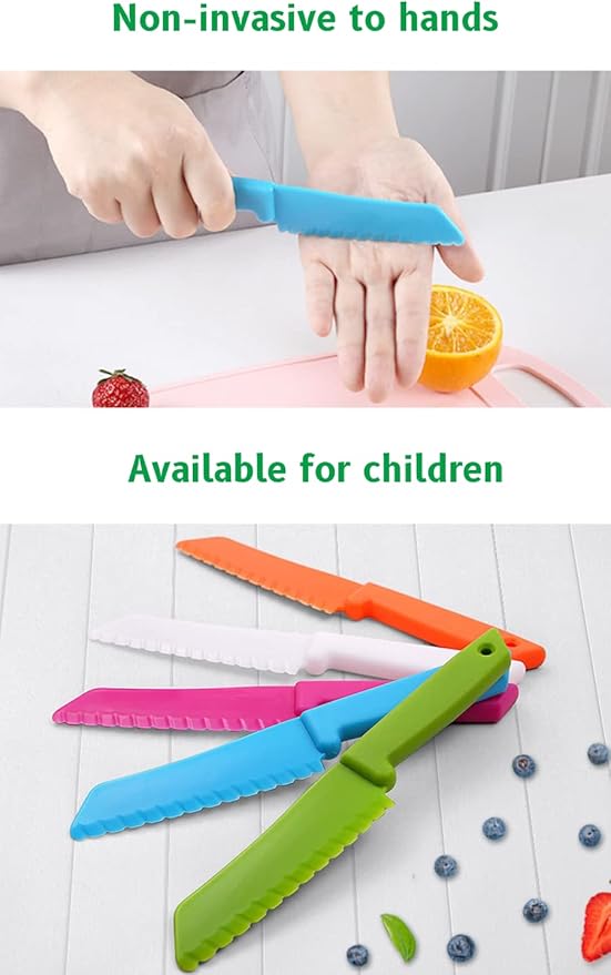 6 PCS Kids Kitchen Safe Wooden Knife Set for Real Cooking, Kids Montessori Kitchen Cooking Tools, Plastic Serrated Edges Toddler Knives, Crinkle Potato Cutter for Children Cooking (Pink)