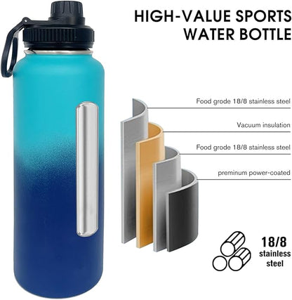 1pack 40 oz Insulated Water Bottle With Straw, Stainless Steel Sports Water Cup Flask with 2 Lids, Wide Mouth Travel Thermal Mug,Blue gradient