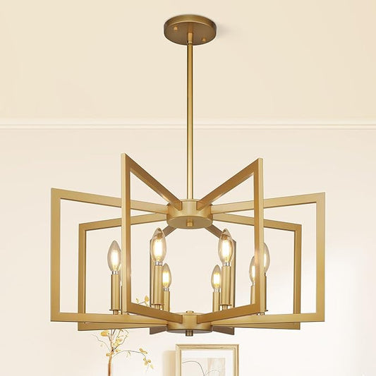 8-Light Modern Farmhouse Gold Geometric Chandelier, Large Industrial Metal Kitchen Light Fixtures, Rustic Cage Hanging Lights for Dining Room Entryway Foyer Living Room Stairway