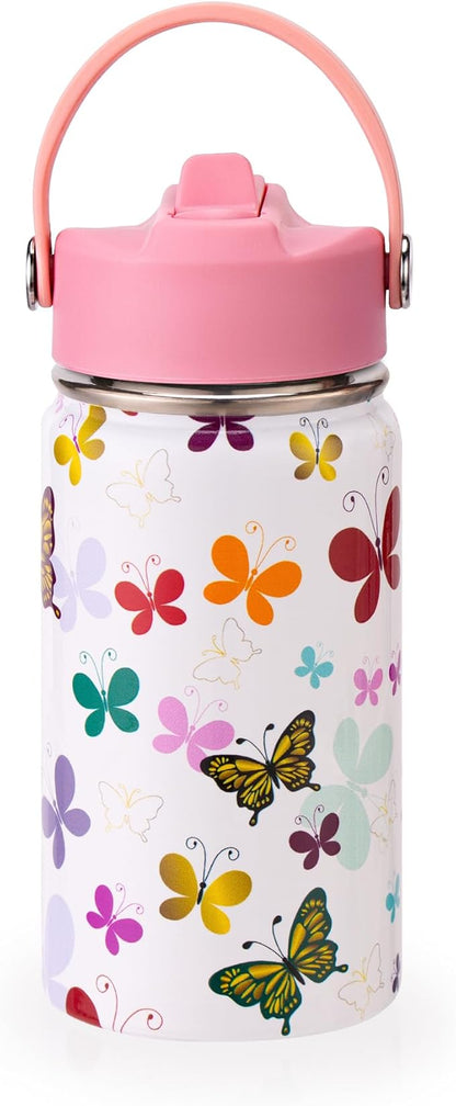 12oz Kids Insulated Water Bottle with Flip Straw & Big Handle, Butterflies, Double Wall 18/8 Stainless Steel, Leakproof Gift for Kids Girls to School Travel Sports, Hands Wash Only, Pink