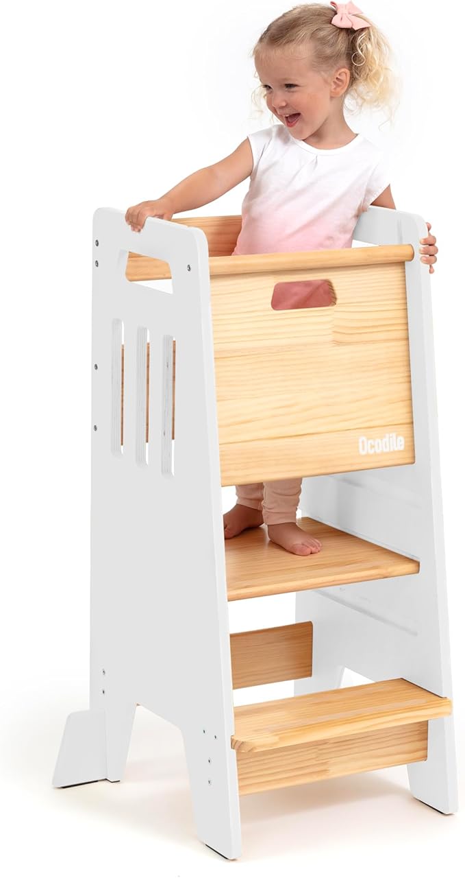 Toddler Tower with a Sliding Door and 3 Adjustable Heights - Complete Toddler Kitchen Stool Helper with Support Feet - Safe Design for 18+ Months to 6-Year-Old Kids - White