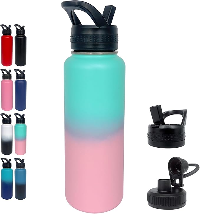 1pack 40 oz Insulated Water Bottle With Straw, Stainless Steel Sports Water Cup Flask with 2 Lids, Wide Mouth Travel Thermal Mug,Pink gradient