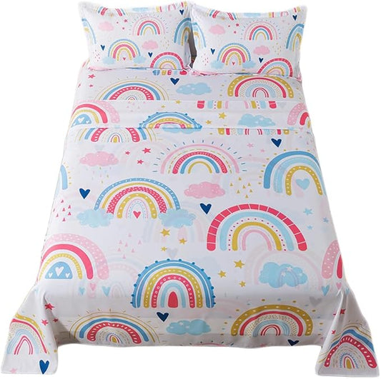 qjmiaofang Girls Rainbow Fitted Sheet Full Size Rainbow Sheets 4pieces Cartoon Cloud Bedding Set Girly Rainbow Bed Sheet Set Stars Sheet Set 1 Fitted Sheet 1 Flat Sheet 2 Pillowcase for Home