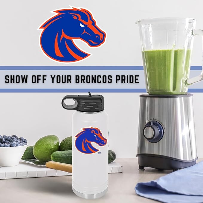 Boise State University 32oz Stainless Steel Double Walled White Beverage Bottle with Flip Straw Spout - College Gear for Playoff Season – For Office, Home or Auto – Show your Bronco Nation Pride