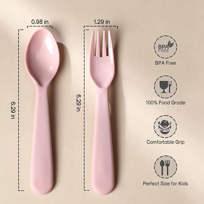 12 Pcs Toddler Utensils Set, Plastic Spoons and Forks Set for Kids, Multicolor Children Safe Flatware, Plastic Reusable Cutlery, BPA Free, Dishwasher Safe - Pink