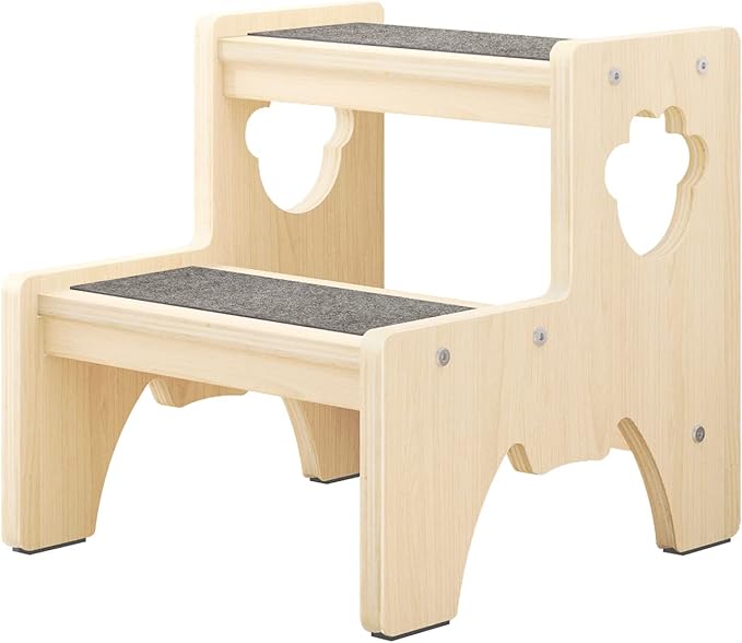 Wooden Toddler Step Stool for Kids, Bowdanie Two Step Stool Adults with 4 Non-Slip Pads and 2 Carpets, Wood Stepping Stool for Bathroom Sink, Kitchen Stools & Potty Training Bedroom Home Use (Natural)