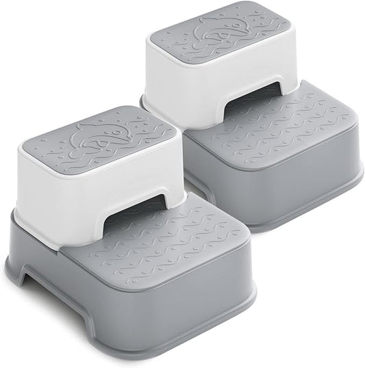 Two Step Stool for Kids(2 Packs), Anti-Slip Sturdy Toddler Two Step Stool for Bathroom, Kitchen and Toilet Potty Training (Gray)