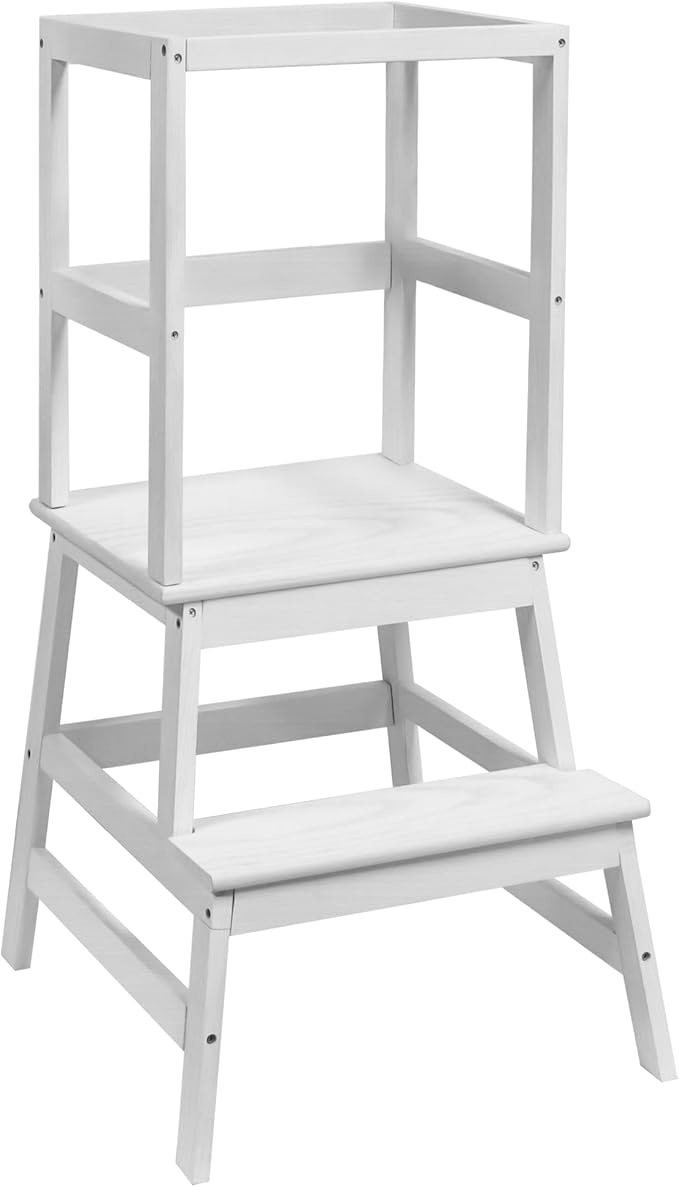 Toddler Tower,Kitchen Step Stool for 18 Months and Older,Solid Wood Toddler Helper Stool(White)