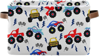 Monster Truck Toy Storage Basket Fabric Kitchen Baskets Race Cars Boys Toys Open Home Storage Bins Boxes Foldable Organizer Bag for Baby Cloth Pet Book Shelf Closet Baskets 16×12×8 Inches