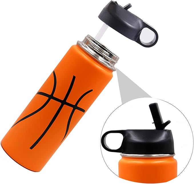 18 oz Basketball Water Bottle, Sports Canteen Metal Travel Tumbler with 2 Lids 18/8 Stainless Steel Double Wall Vacuum Insulated Water Bottles (18oz, Basketball)