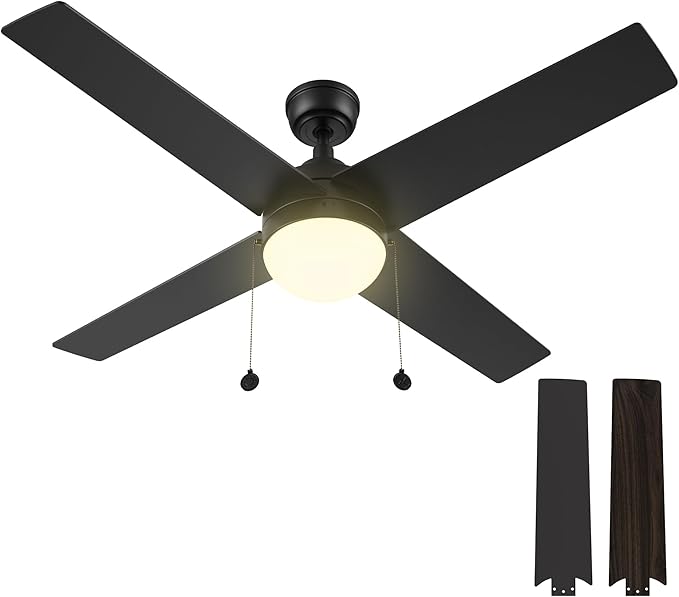 52 Inch Black Pull Chain Ceiling Fan with 2 in 1 Reversible Blade, 3-color LED Light, 5 Speeds Quiet Reversible DC Motor, 4 Plywood Blades Modern Ceiling Fan for Living Room, Bedroom, Kitchen