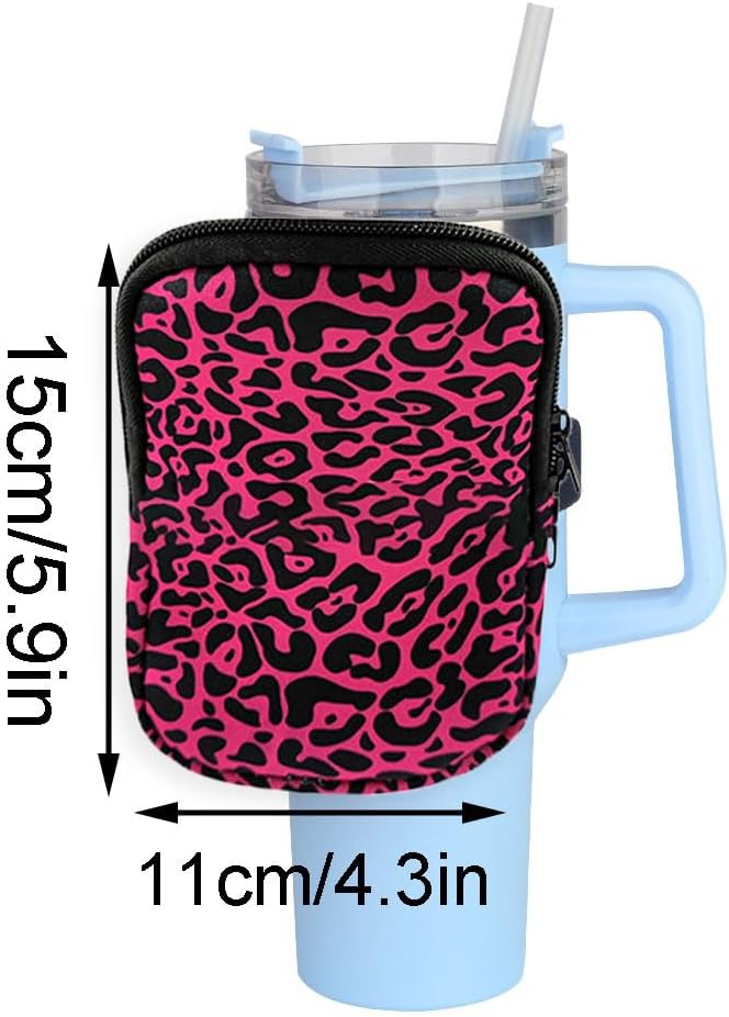 1 Pack Double Pockets Water Bottle Pouch Fit for Stanley Quencher Adventure 40oz & 30oz & 20oz Tumbler, Gym Water Bottle Pouch Running Water Bottle Handheld Caddy - Red Leopard Print