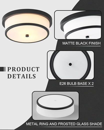 12 inch Flush Mount Ceiling Light, 2-Light Close to Ceiling Light Fixtures with Black Finish for Bathroom Bedroom Kitchen Hallway (Black)