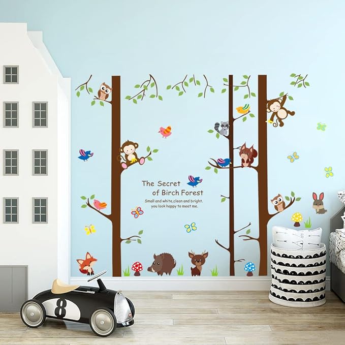 Cartoon Birch Trunks and Animals Wall Decals Forest Tree Wall Sticker DIY Peel and Stick Owls Monkey Birds Decal for Living Room Kitchen Playroom Nursery Kids Bedroom Classroom Home Decoration (C)