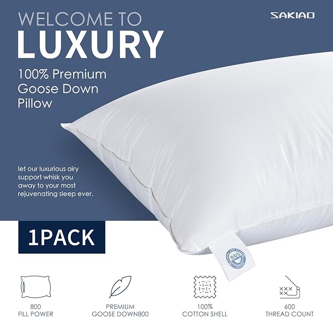 100% Canadian White Down Pillow - Luxury Sleeping Pillow for Back, Stomach & Side Sleepers - 800 Fill Power Bed Pillow (King-Soft)