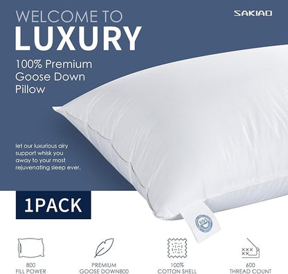 100% Canadian White Down Pillow - Luxury Sleeping Pillow for Back, Stomach & Side Sleepers - 800 Fill Power Bed Pillow (King-Soft)