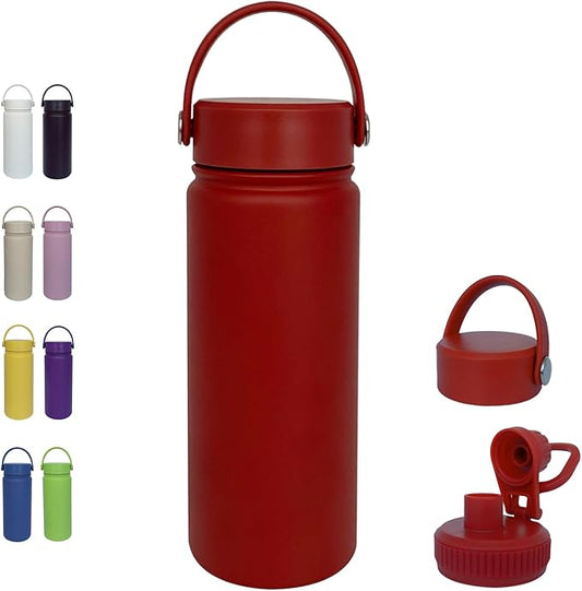 18oz Insulated Water Bottle ，Stainless Steel Sports Water Cup Flask with 2 Lids, Wide Mouth Travel Thermal Mug,Outdoor Sports Bottle（Deep red）