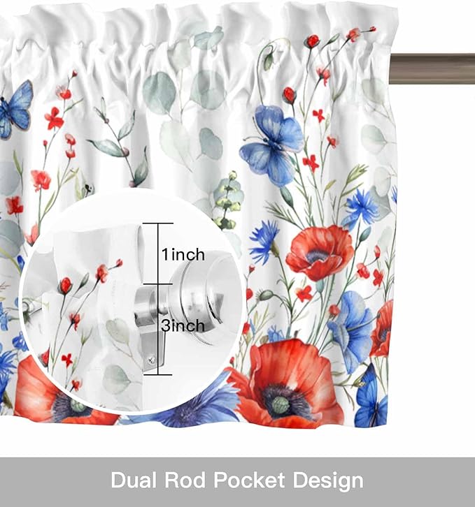 Vandarllin Summer 4th of July Kitchen Curtains Valances for Windows Patriotic Poppy Flowers Eucalyptus Rod Pocket Window Treatment for Kitchen/Living Room/Bedroom/Bathroom, 42" X 12", Blue Red