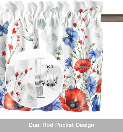 Vandarllin Summer 4th of July Kitchen Curtains Valances for Windows Patriotic Poppy Flowers Eucalyptus Rod Pocket Window Treatment for Kitchen/Living Room/Bedroom/Bathroom, 42" X 18", Blue Red