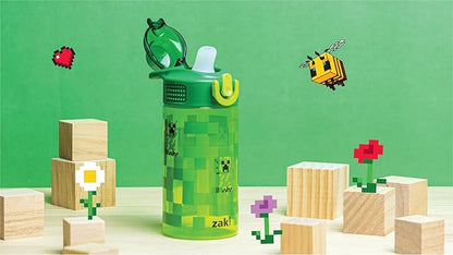 Zak Designs Sage Minecraft Kids Water Bottle For School or Travel, 16oz Durable Plastic Water Bottle With Straw, Handle, and Leak-Proof, Pop-Up Spout Cover (Creeper)