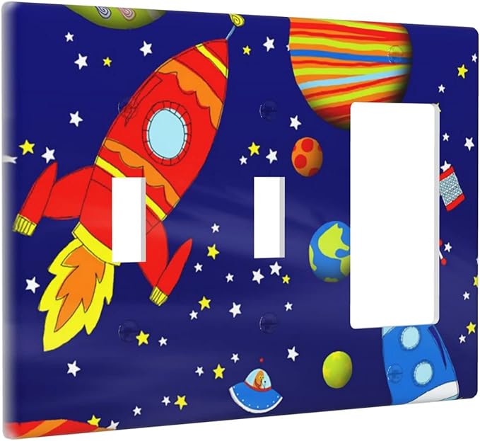 Space Astronaut Combo 2 Toggle 1 Rocker Light Switch Wall Plate Cover Decorative 3-Gang for Electrical Outlets Boys Kids Room Bathroom Bedroom Home Kitchen One Decora Receptacle 4.5" x 6.38"