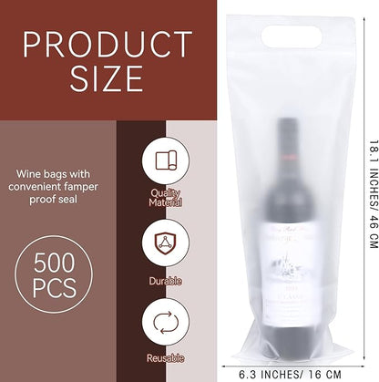 Yeaqee 500 Pcs Plastic Wine Bags with Handles 18 x 6 Clear Wine to Go Bulk Adhesive Seal Wine Bags Tamper Proof Wine Bags for Restaurant Bar Party Wedding Travel Gifts