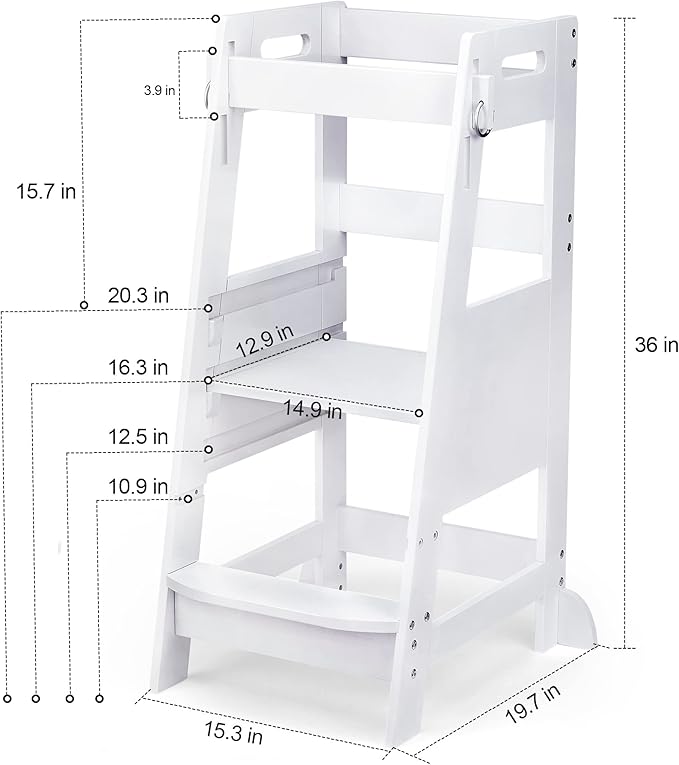 TOETOL Bamboo Toddler Step Stool Kitchen Learning Stool for Kids Helper StandingTower 3 Height Adjustable for Kitchen Counter & Bathroom Sink with Safety Rail,White