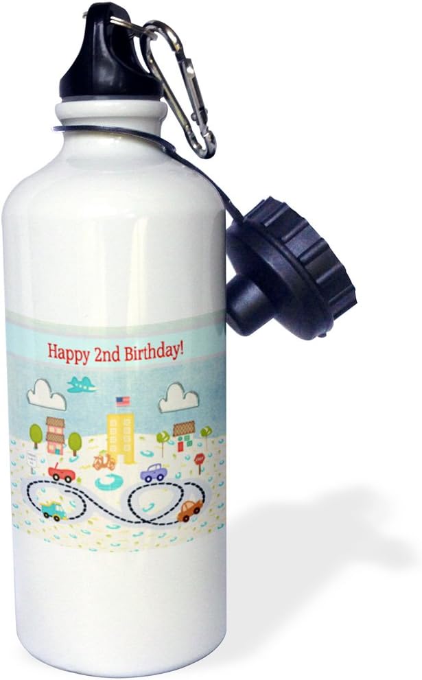 3dRose Happy 2nd Birthday American Town with Roads, Homes, Building, and Cars Sports Water Bottle, 21 oz, Multicolor