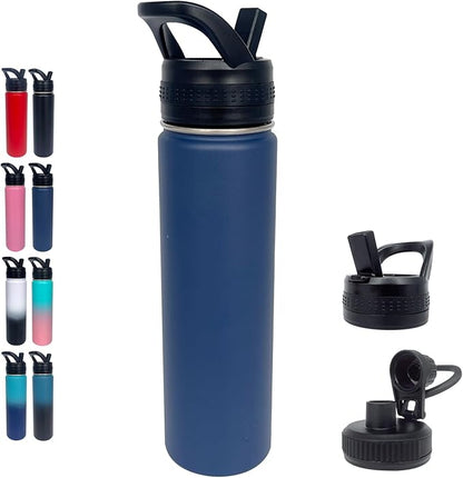 1pack 22 oz Insulated Water Bottle With Straw, Stainless Steel Sports Water Cup Flask with 2 Lids, Wide Mouth Travel Thermal Mug,Navy