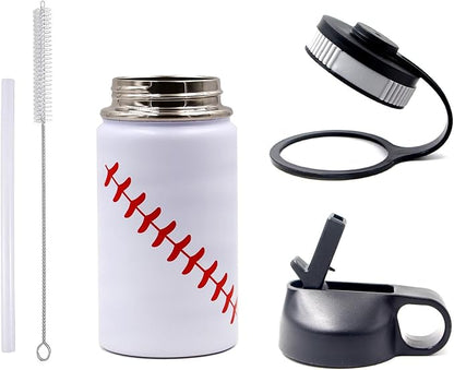 12 oz Baseball Water Bottle, Wide Mouth Sports Flask Metal Travel Tumbler with 2 Lids 18/8 Stainless Steel Double Wall Vacuum Insulated (12oz, White baseball)