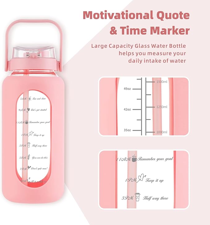 SIEROZUR 64oz Glass Water Bottle with Straw and Handle Lid Half Gallon Motivational Glass Bottle with Silicone Sleeve and Time Marker Large Reusable Sports Water Jug for Gym Home Workout