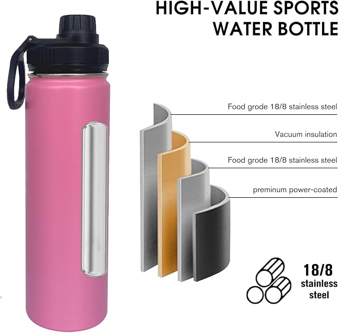 1pack 22 oz Insulated Water Bottle With Straw, Stainless Steel Sports Water Cup Flask with 2 Lids, Wide Mouth Travel Thermal Mug,Pink