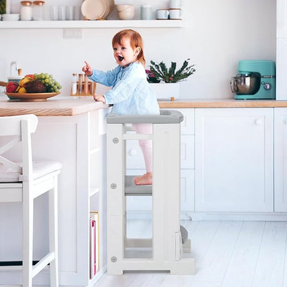 Toddler Tower with Dry Erase Whitebaord Height Adjustable Step Stool for Kids Montessori Learning Stool Toddler Kitchen Stool Helper with Non-Slip Safety Rail