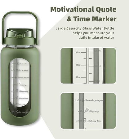 SIEROZUR 64oz Glass Water Bottle with Straw and Handle Lid Half Gallon Motivational Glass Bottle with Silicone Sleeve and Time Marker Large Reusable Sports Water Jug for Gym Home Workout