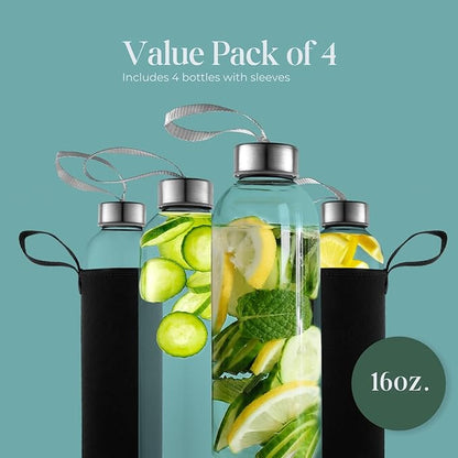 16 Ounce Glass Water Bottles, Reusable Water Bottles with Airtight, Pack of 4, Stainless Steel Lids Carrying Strap And Nylon Water Bottle Protective Sleeves for Hot Or Cold Drinks