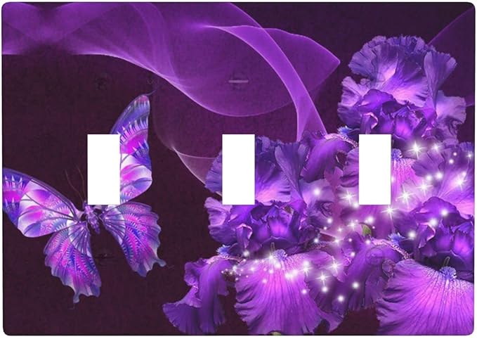 Purple Butterfly Flower Triple Toggle Light Switch Wall Plate Cover Decorative 3-Gang for Girls Room Bathroom Bedroom Home Kitchen Three Lightswitch Polycarbonate 4.5" x 6.38"