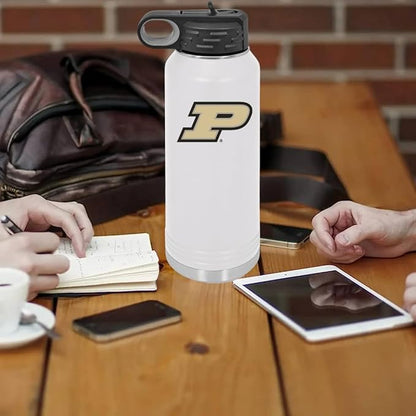 Purdue University 32oz Stainless Steel Double Walled White Beverage Bottle with Flip Straw Spout - College Gear for Playoff Season – For Office, Home or Auto – Show your Boilermaker Pride