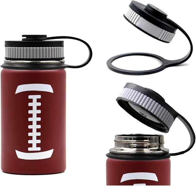 12 oz Football Water Bottle, Flask Sports with 2 Lids 18/8 Stainless Steel Travel Tumbler Double Wall Vacuum Insulated Hot/Cold (12oz, Football)