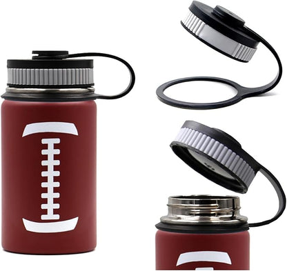 12 oz Football Water Bottle, Flask Sports with 2 Lids 18/8 Stainless Steel Travel Tumbler Double Wall Vacuum Insulated Hot/Cold (12oz, Football)