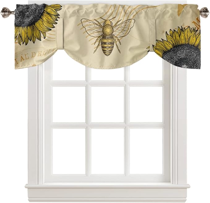 Vintage Sunflower Bee Blackout Tie Up Valance Curtains for Kitchen Windows Summer Window Toppers Balloon Shades for Living Room/Bathroom/Bedroom,1 Panel,60" X 18" Yellow