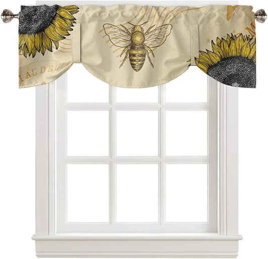 Vintage Sunflower Bee Blackout Tie Up Valance Curtains for Kitchen Windows Summer Window Toppers Balloon Shades for Living Room/Bathroom/Bedroom,1 Panel,54" X 18" Yellow