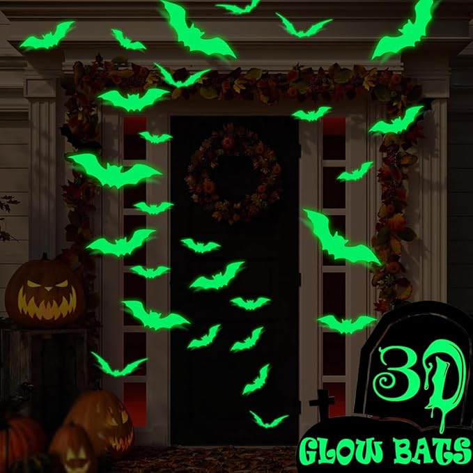 32 Pcs Halloween Decorations 3D Luminous Bats Wall Decor Stickers Glow in The Dark for Home Window Decor Party Decorations Double Sided Party Supplies