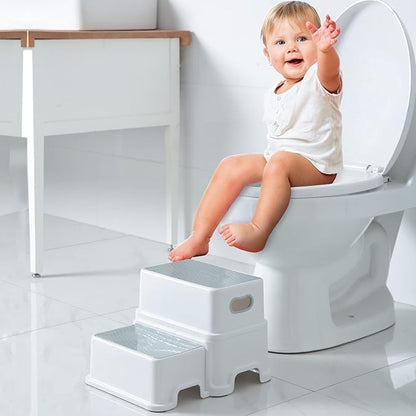 Victostar 2 Step Stool for Kids, Anti-Slip Sturdy Toddler Two Step Stool for Toilet Potty Training, Bathroom,Kitchen(Grey-White)