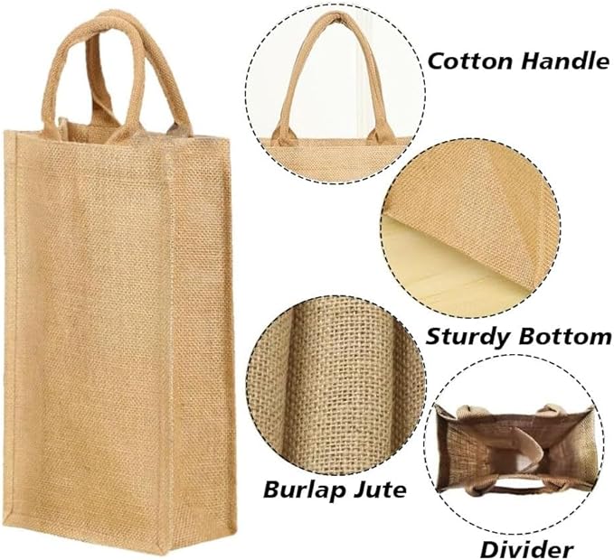 1Pack Jute Burlap 2 Bottle Wine Gift Tote Bags with Soft Cotton Handles Reusable for Wedding, Parties,Birthdays