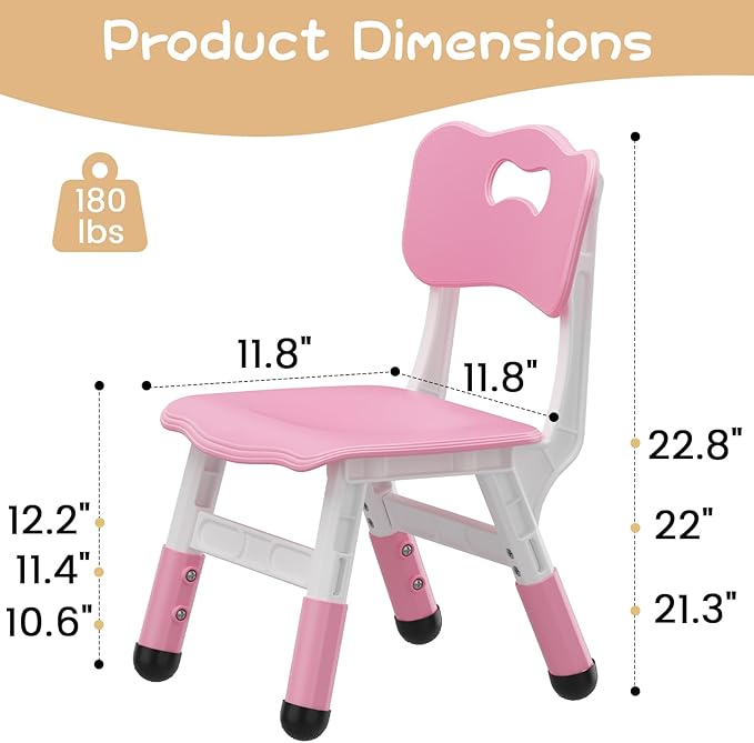 Adjustable Kids Chair (2pcs), 3 Level Height Adjustable Toddler Chair, Plastic Indoor Outdoor Child Chair for Children Age 2-8 Family School Home Daycare Use, Pink