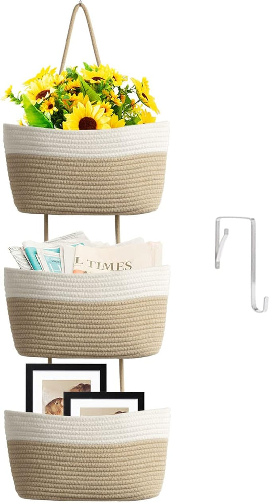 TeoKJ Over the Door Hanging Basket, 3-Tier Woven Cotton Wall-Mounted Storage Organizer Bag Decorative Hanging Kitchen Baskets - White + Jute