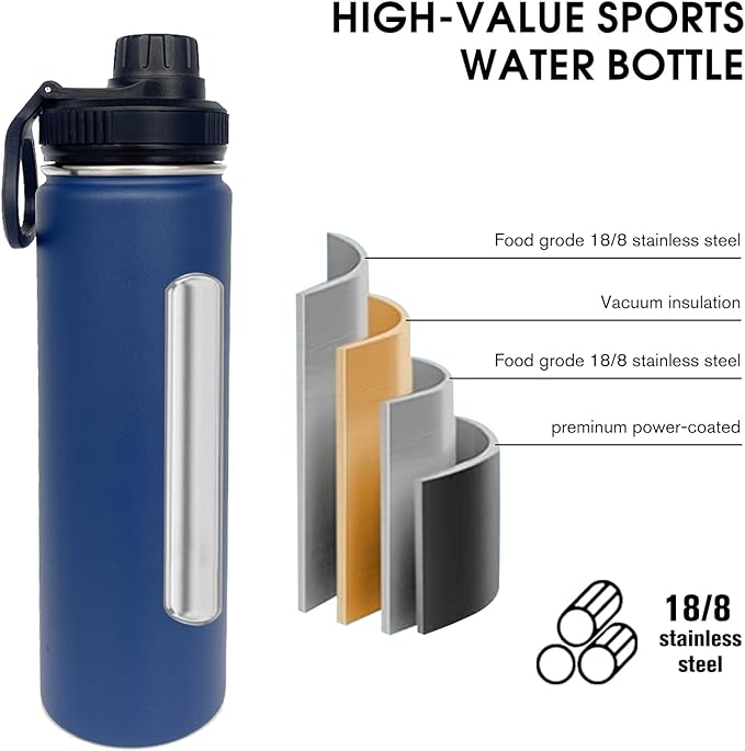 1pack 22 oz Insulated Water Bottle With Straw, Stainless Steel Sports Water Cup Flask with 2 Lids, Wide Mouth Travel Thermal Mug,Navy